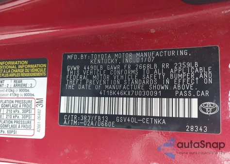 2007 Toyota Camry Le V6 from USA, damaged, VIN 4T1BK46KX7U030091